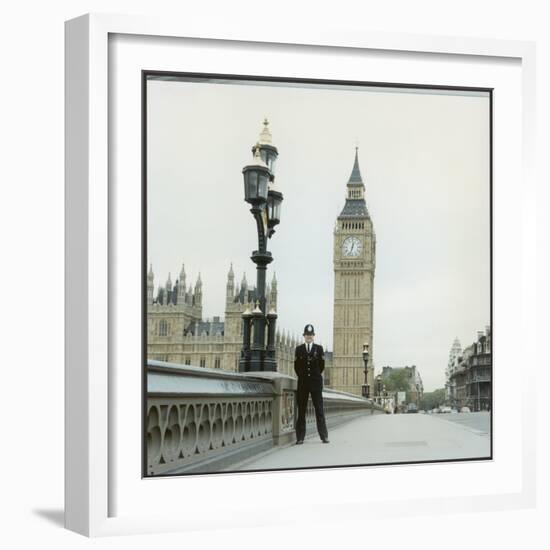 Police Officer on Duty on Westminster Bridge by Big Ben, London. Metropolitan Police--Framed Photographic Print