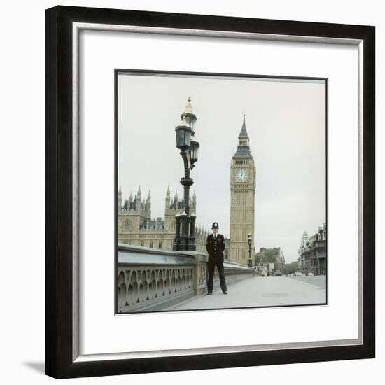 Police Officer on Duty on Westminster Bridge by Big Ben, London. Metropolitan Police-null-Framed Photographic Print