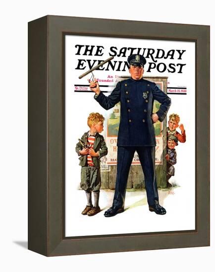 "Policeman and Boy with Slingshot," Saturday Evening Post Cover, March 15, 1930-Frederic Stanley-Framed Premier Image Canvas