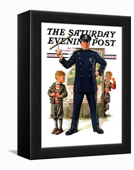 "Policeman and Boy with Slingshot," Saturday Evening Post Cover, March 15, 1930-Frederic Stanley-Framed Premier Image Canvas