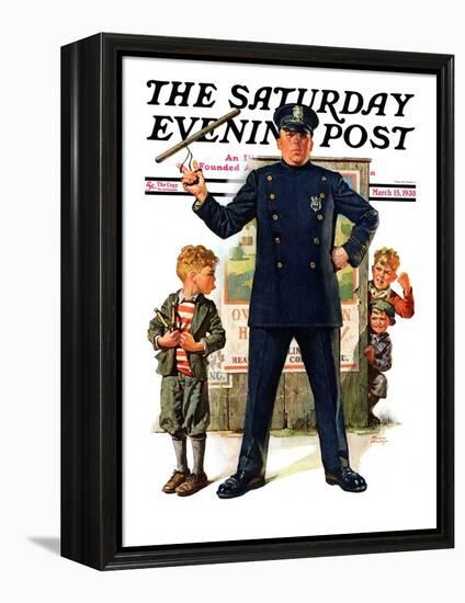 "Policeman and Boy with Slingshot," Saturday Evening Post Cover, March 15, 1930-Frederic Stanley-Framed Premier Image Canvas