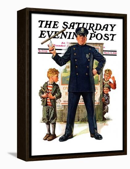 "Policeman and Boy with Slingshot," Saturday Evening Post Cover, March 15, 1930-Frederic Stanley-Framed Premier Image Canvas