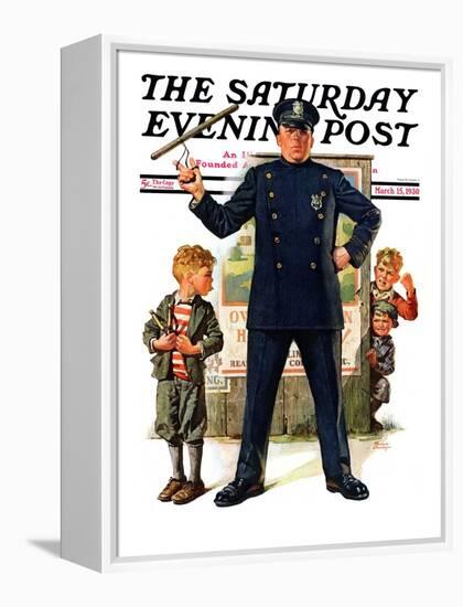 "Policeman and Boy with Slingshot," Saturday Evening Post Cover, March 15, 1930-Frederic Stanley-Framed Premier Image Canvas