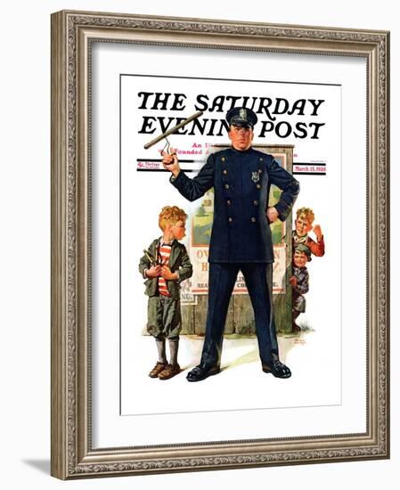 "Policeman and Boy with Slingshot," Saturday Evening Post Cover, March 15, 1930-Frederic Stanley-Framed Giclee Print