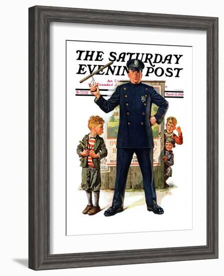 "Policeman and Boy with Slingshot," Saturday Evening Post Cover, March 15, 1930-Frederic Stanley-Framed Giclee Print