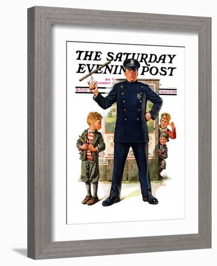 "Policeman and Boy with Slingshot," Saturday Evening Post Cover, March 15, 1930-Frederic Stanley-Framed Giclee Print