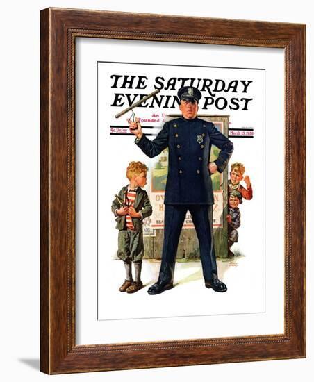 "Policeman and Boy with Slingshot," Saturday Evening Post Cover, March 15, 1930-Frederic Stanley-Framed Giclee Print