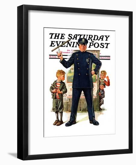 "Policeman and Boy with Slingshot," Saturday Evening Post Cover, March 15, 1930-Frederic Stanley-Framed Giclee Print