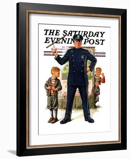 "Policeman and Boy with Slingshot," Saturday Evening Post Cover, March 15, 1930-Frederic Stanley-Framed Giclee Print