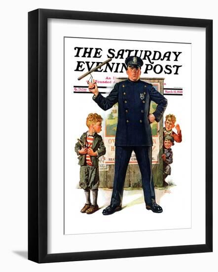 "Policeman and Boy with Slingshot," Saturday Evening Post Cover, March 15, 1930-Frederic Stanley-Framed Giclee Print