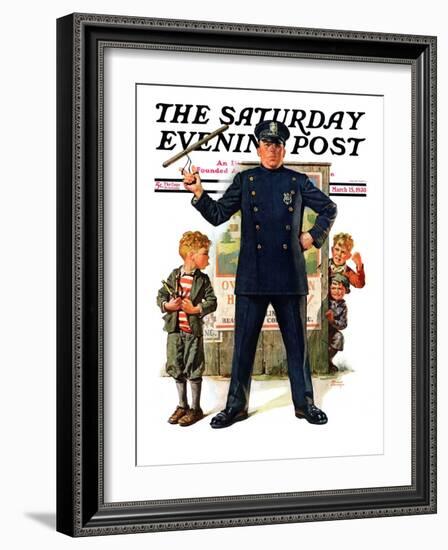 "Policeman and Boy with Slingshot," Saturday Evening Post Cover, March 15, 1930-Frederic Stanley-Framed Giclee Print