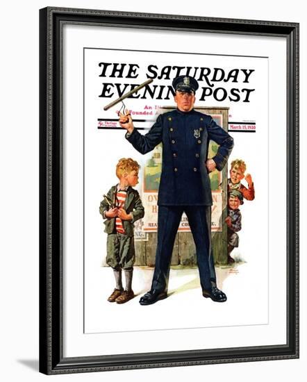 "Policeman and Boy with Slingshot," Saturday Evening Post Cover, March 15, 1930-Frederic Stanley-Framed Giclee Print