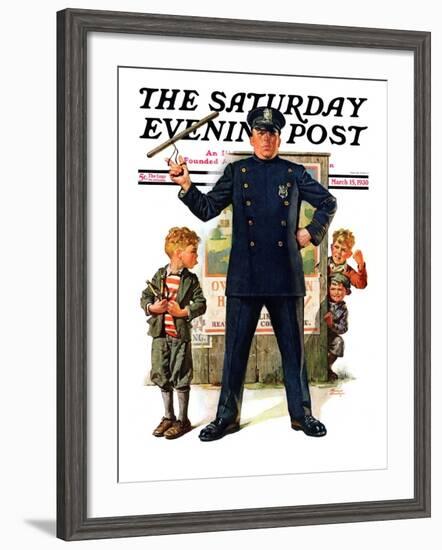 "Policeman and Boy with Slingshot," Saturday Evening Post Cover, March 15, 1930-Frederic Stanley-Framed Giclee Print