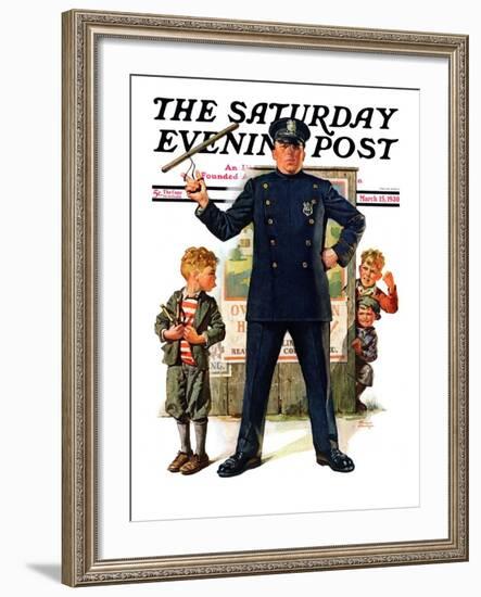 "Policeman and Boy with Slingshot," Saturday Evening Post Cover, March 15, 1930-Frederic Stanley-Framed Giclee Print