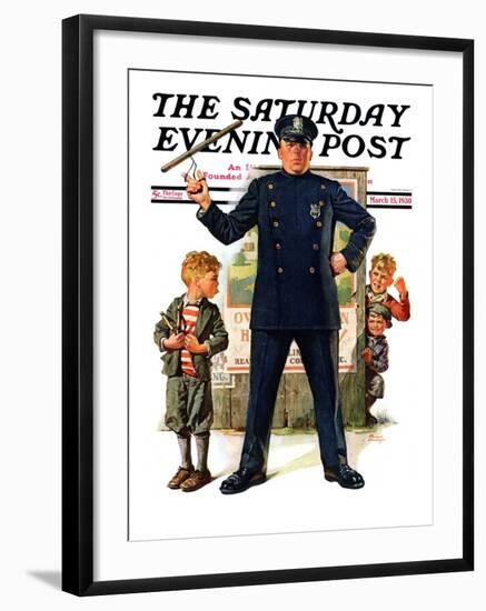 "Policeman and Boy with Slingshot," Saturday Evening Post Cover, March 15, 1930-Frederic Stanley-Framed Giclee Print