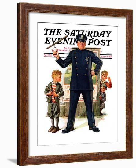 "Policeman and Boy with Slingshot," Saturday Evening Post Cover, March 15, 1930-Frederic Stanley-Framed Giclee Print