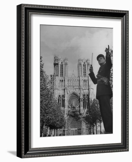 Policeman Directing Traffic in Front of the Reims Cathedral-Nat Farbman-Framed Photographic Print