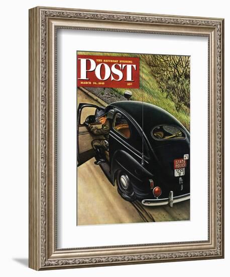 "Policeman with Flat Tire," Saturday Evening Post Cover, March 24, 1945-Stevan Dohanos-Framed Giclee Print