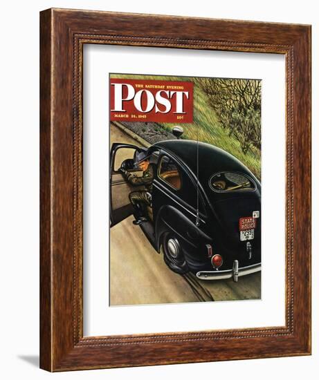 "Policeman with Flat Tire," Saturday Evening Post Cover, March 24, 1945-Stevan Dohanos-Framed Giclee Print