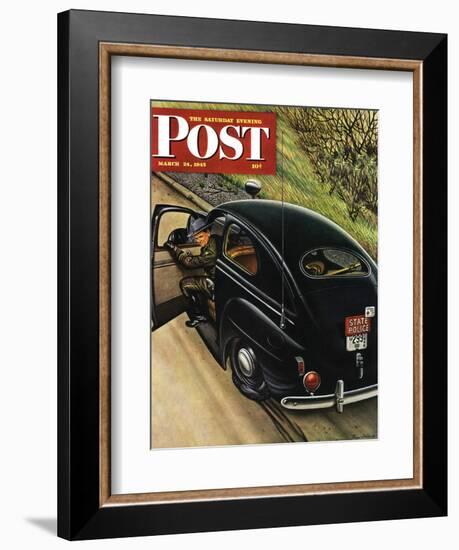 "Policeman with Flat Tire," Saturday Evening Post Cover, March 24, 1945-Stevan Dohanos-Framed Giclee Print