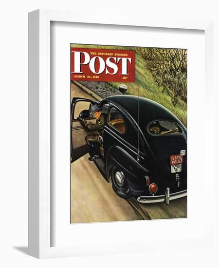 "Policeman with Flat Tire," Saturday Evening Post Cover, March 24, 1945-Stevan Dohanos-Framed Giclee Print