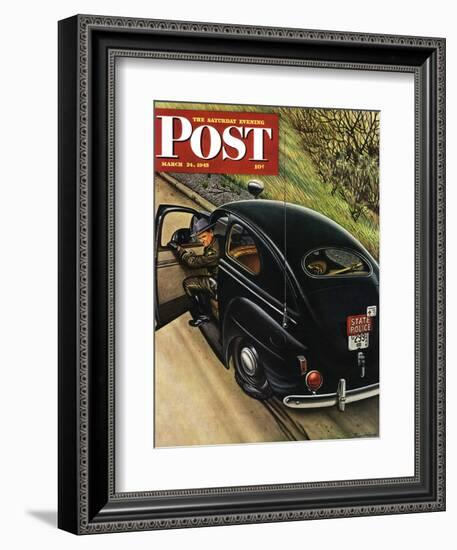 "Policeman with Flat Tire," Saturday Evening Post Cover, March 24, 1945-Stevan Dohanos-Framed Giclee Print