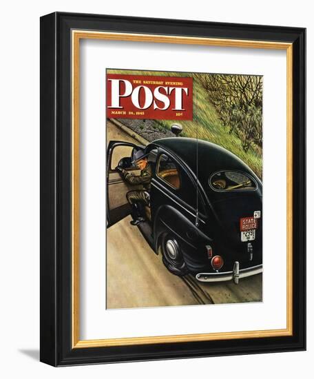 "Policeman with Flat Tire," Saturday Evening Post Cover, March 24, 1945-Stevan Dohanos-Framed Giclee Print