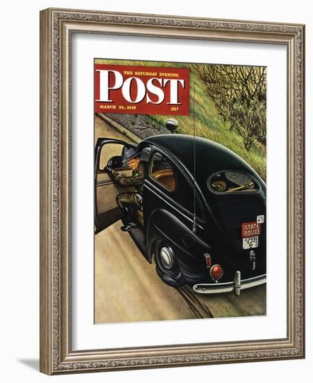 "Policeman with Flat Tire," Saturday Evening Post Cover, March 24, 1945-Stevan Dohanos-Framed Giclee Print