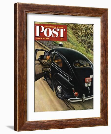 "Policeman with Flat Tire," Saturday Evening Post Cover, March 24, 1945-Stevan Dohanos-Framed Giclee Print