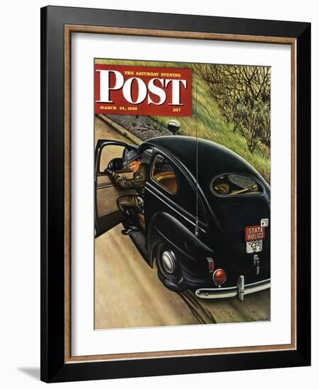 "Policeman with Flat Tire," Saturday Evening Post Cover, March 24, 1945-Stevan Dohanos-Framed Giclee Print