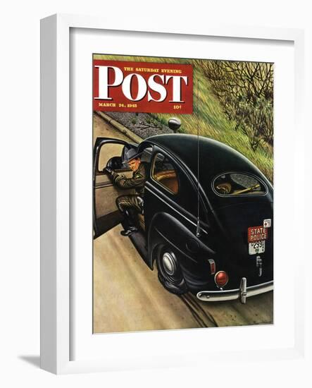 "Policeman with Flat Tire," Saturday Evening Post Cover, March 24, 1945-Stevan Dohanos-Framed Giclee Print