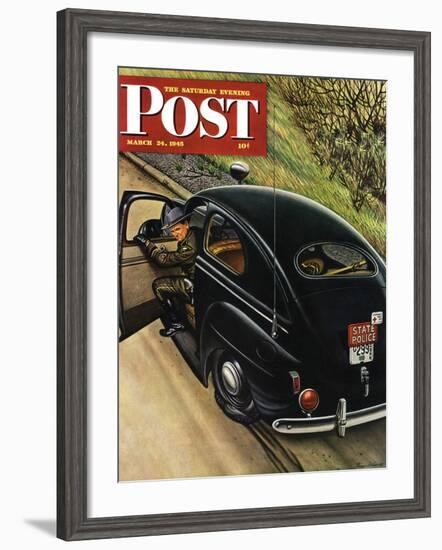 "Policeman with Flat Tire," Saturday Evening Post Cover, March 24, 1945-Stevan Dohanos-Framed Giclee Print