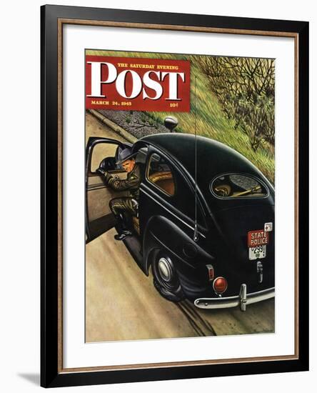 "Policeman with Flat Tire," Saturday Evening Post Cover, March 24, 1945-Stevan Dohanos-Framed Giclee Print