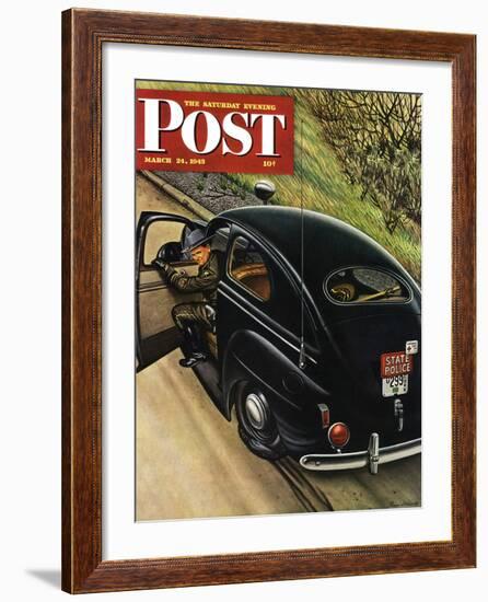 "Policeman with Flat Tire," Saturday Evening Post Cover, March 24, 1945-Stevan Dohanos-Framed Giclee Print