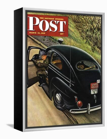 "Policeman with Flat Tire," Saturday Evening Post Cover, March 24, 1945-Stevan Dohanos-Framed Premier Image Canvas