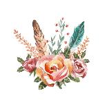 Watercolor Vintage Floral Bouquets. Boho Spring Flowers and Feathers Isolated on White Background.-Polina Valentina-Premium Giclee Print