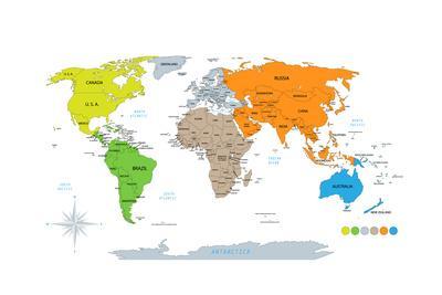 Political World Map On White Background With Every State Labeled And Selectable Colored By Contin Art Print Ivsanmas Art Com