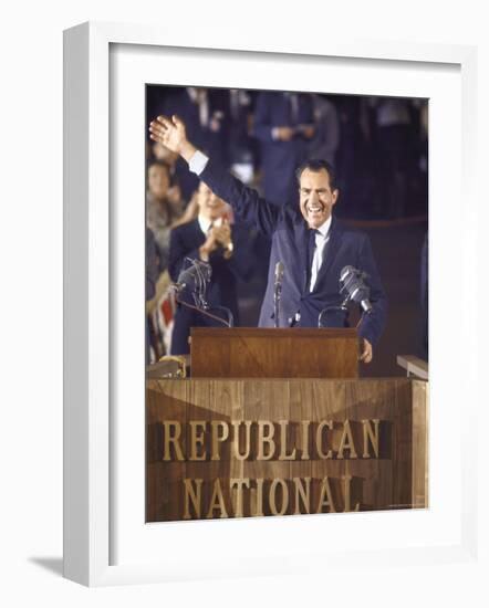 Politician Richard Nixon Waving From Platform at Republican National Convention-John Dominis-Framed Photographic Print