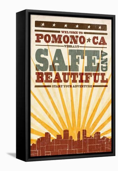 Pomona, California - Skyline and Sunburst Screenprint Style-Lantern Press-Framed Stretched Canvas