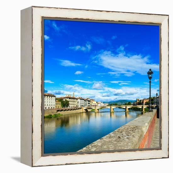 Ponte Alle Grazie Bridge on Arno River, Sunset Landscape. Florence or Firenze, Italy.-stevanzz-Framed Premier Image Canvas