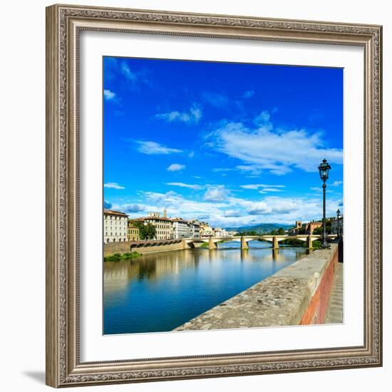 Ponte Alle Grazie Bridge on Arno River, Sunset Landscape. Florence or Firenze, Italy.-stevanzz-Framed Photographic Print