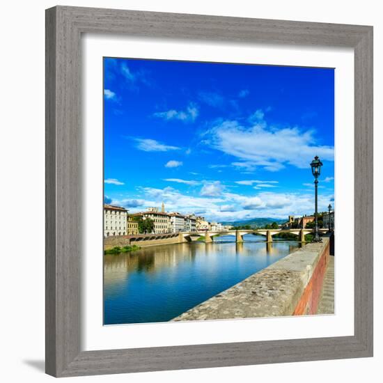 Ponte Alle Grazie Bridge on Arno River, Sunset Landscape. Florence or Firenze, Italy.-stevanzz-Framed Photographic Print