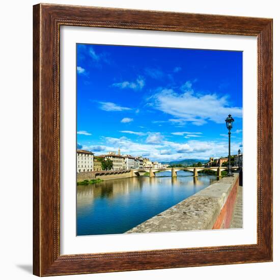 Ponte Alle Grazie Bridge on Arno River, Sunset Landscape. Florence or Firenze, Italy.-stevanzz-Framed Photographic Print