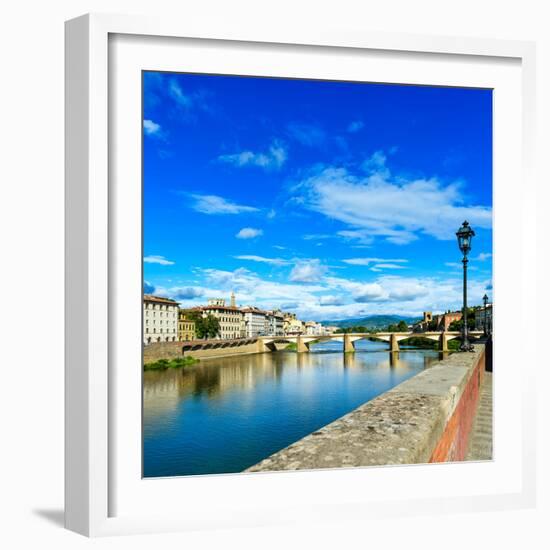 Ponte Alle Grazie Bridge on Arno River, Sunset Landscape. Florence or Firenze, Italy.-stevanzz-Framed Photographic Print