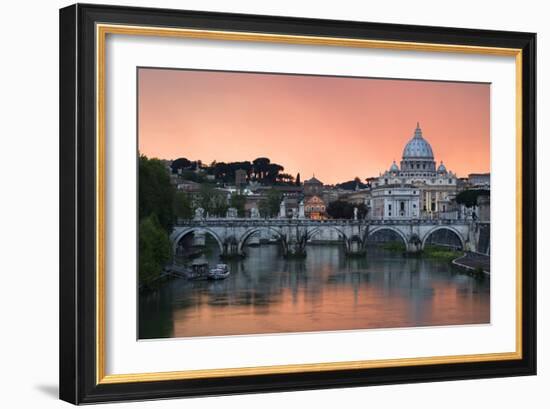 Ponte Sant'Angelo and St. Peter's Basilica at Sunset, Vatican City, Rome-David Clapp-Framed Photographic Print