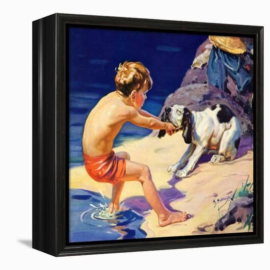 "Pooch Doesn't Want to Swim,"September 1, 1934-Henry Hintermeister-Framed Premier Image Canvas