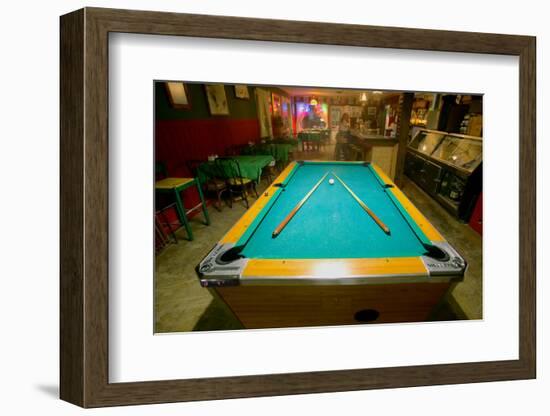 Pool table lit by electric lights in a restaurant and bar in Shoshone, CA near Death Valley Nati...-null-Framed Photographic Print