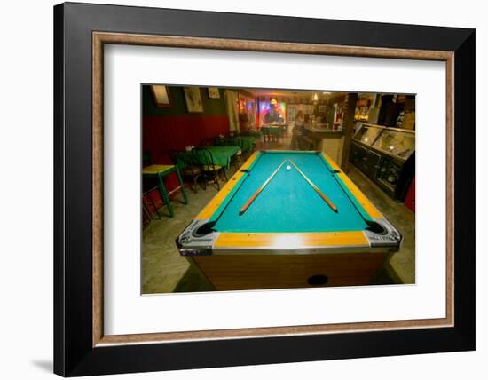 Pool table lit by electric lights in a restaurant and bar in Shoshone, CA near Death Valley Nati...-null-Framed Photographic Print