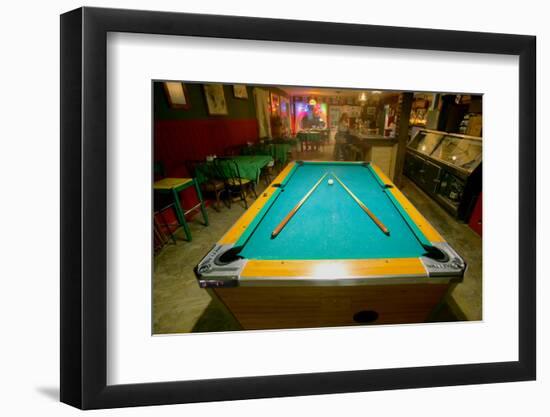 Pool table lit by electric lights in a restaurant and bar in Shoshone, CA near Death Valley Nati...--Framed Photographic Print