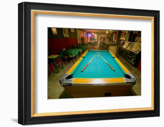 Pool table lit by electric lights in a restaurant and bar in Shoshone, CA near Death Valley Nati...-null-Framed Photographic Print